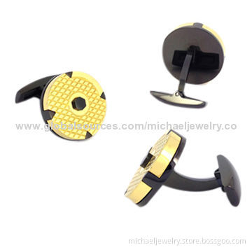 Stainless Steel Cufflinks with Plating IP Black and Plating Gold, the Surface is Embossing